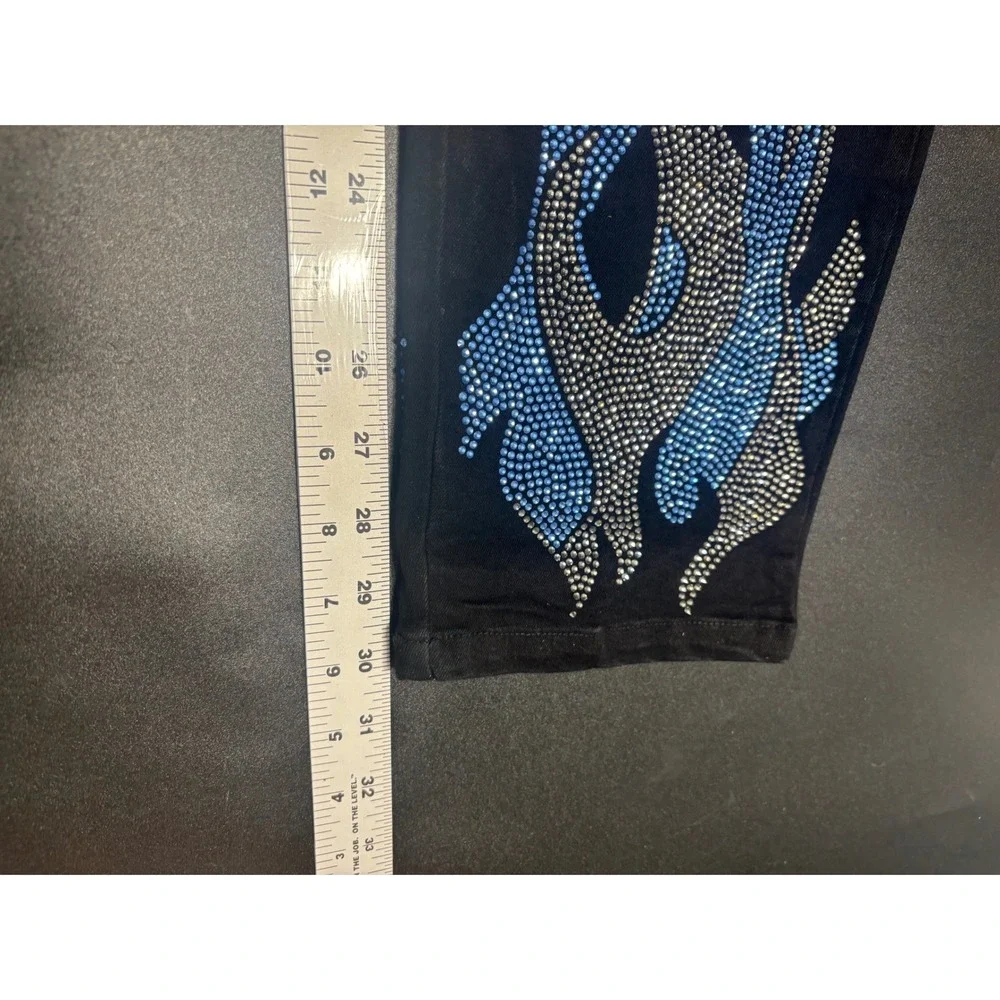 Guapi NEW Men's Rhinestone Flame Jeans Black Distressed Denim Slim‎ Fit Size 40